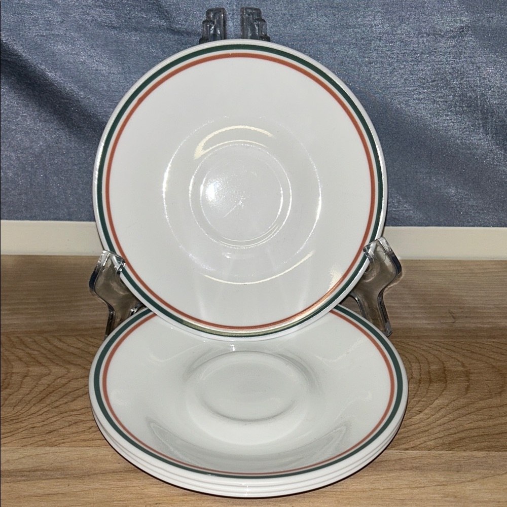Elegant White Corelle by Corning Heather Round saucer  with Red Green Bands